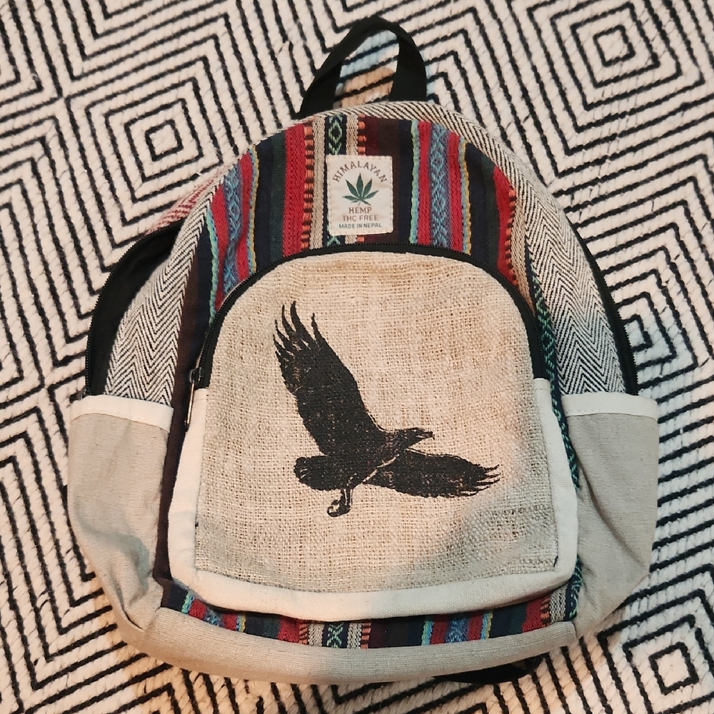 Hemp Himalayan Mini Backpack with Eagle Print - Multicolor